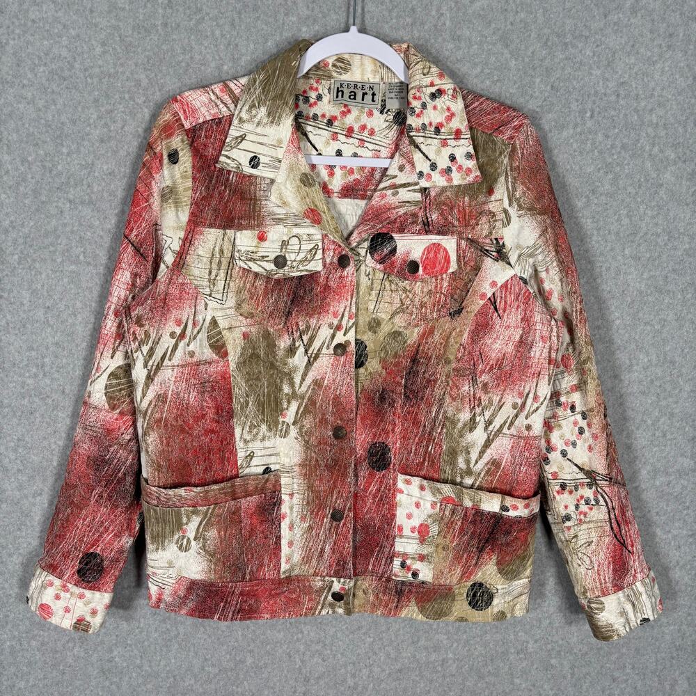 Keren Hart‎ Jacket Medium Coral Gold Painted Artsy Abstract Maximum Boho Granny